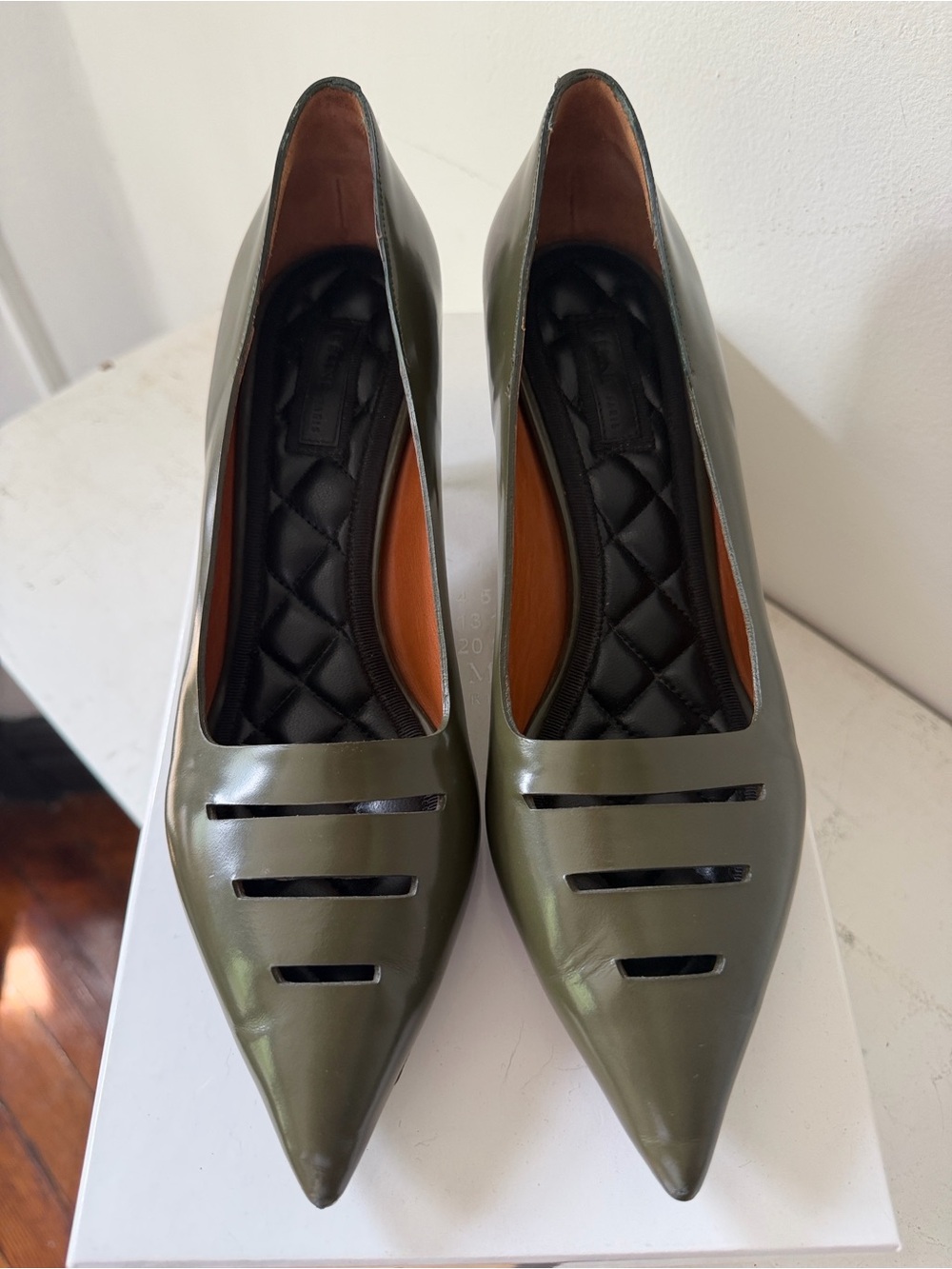 Céline Olive Green Pointed Toe Kitten Heels